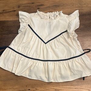 Elegant Cream Ruffle Blouse with Navy Trim
